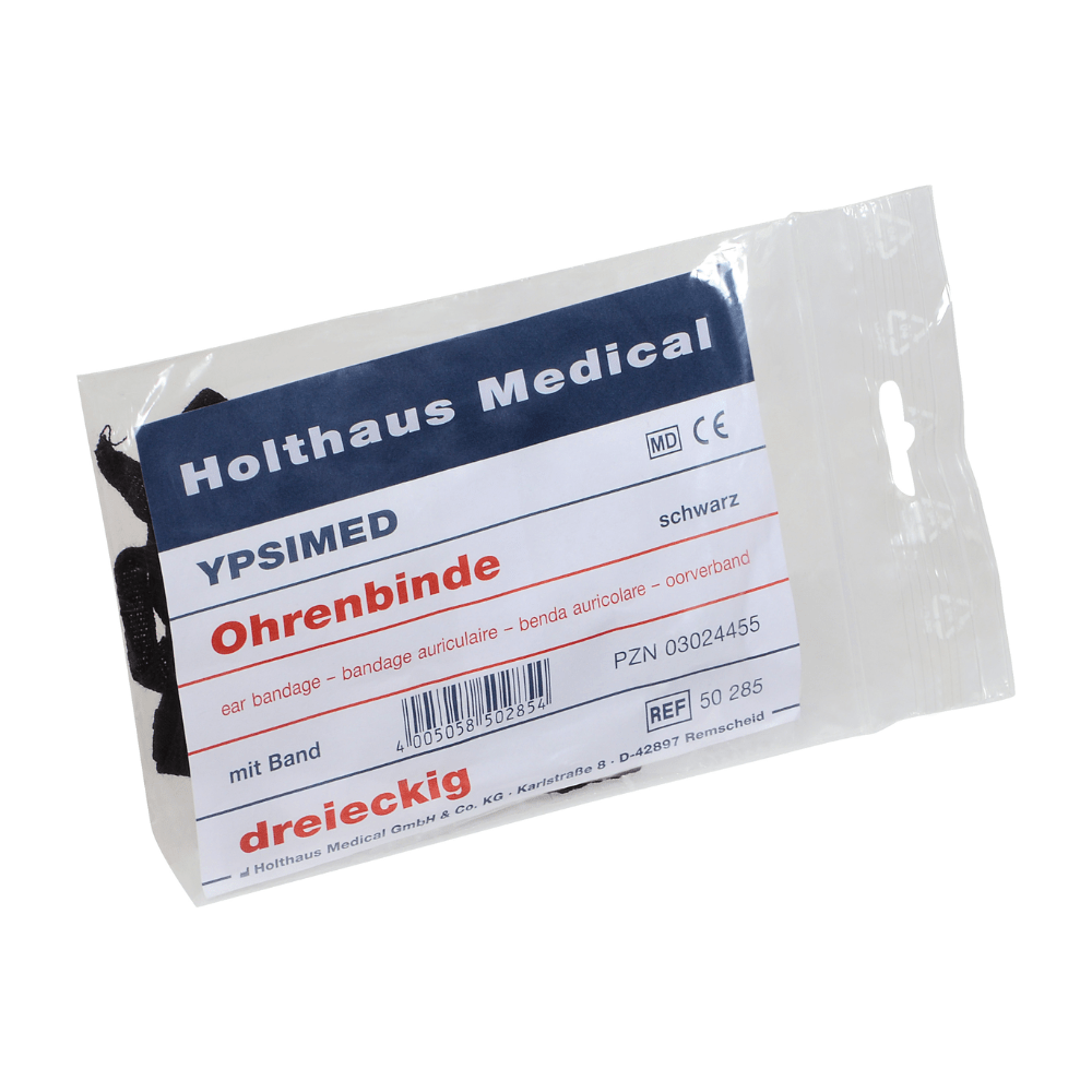 Η Holthaus Ypsimed Ohrenbinde της Holthaus Medical GmbH & Co. KG είναι ένας συσκευασμένος επίδεσμος αυτιού με την επιγραφή «Holthaus YPSIMED Ohrenbinde». Η συσκευασία περιέχει έναν τριγωνικό μαύρο επίδεσμο αυτιού με μια ταινία για τη στερέωση του αυτιού, τον αριθμό PZN 03024455 και τον αριθμό αναφοράς 50 285.