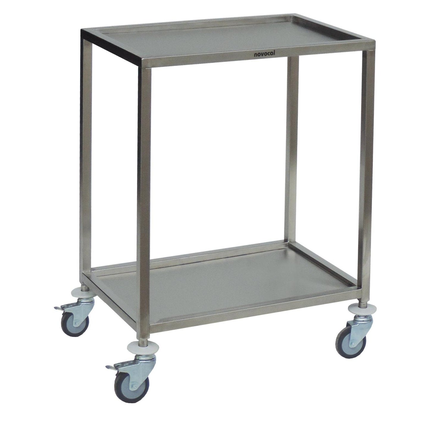 Το φορητό τραπέζι οργάνων Novocal με 2 αφαιρούμενα ράφια από ανοξείδωτο χάλυβα της Novocal διαθέτει τέσσερις περιστρεφόμενους τροχούς και είναι ιδανικό για τη μεταφορά αντικειμένων σε ιατρικούς ή βιομηχανικούς τομείς.
