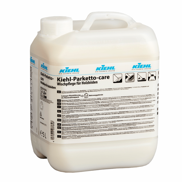 Ένα πλαστικό δοχείο 5 λίτρων Kiehl Parketto-care Αυτογυαλιστική Διασπορά Φροντίδας για ξύλινα δάπεδα της Johannes Kiehl KG με γερμανικές ετικέτες και εικονογράμματα στην μπροστινή πλευρά που παρουσιάζουν οδηγίες χρήσης.