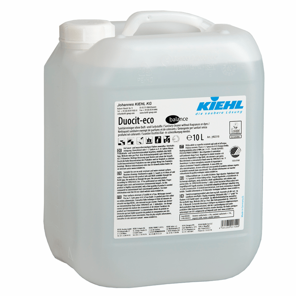 Ένα δοχείο 10 λίτρων από ημιδιαφανές πλαστικό με λευκό βιδωτό καπάκι και την επιγραφή "Kiehl Duocit-eco balance καθαριστικό υγιεινής χωρίς αρώματα και χρωστικές" της Johannes Kiehl KG περιέχει πολυγλωσσικές οδηγίες και πληροφορίες ασφαλείας.