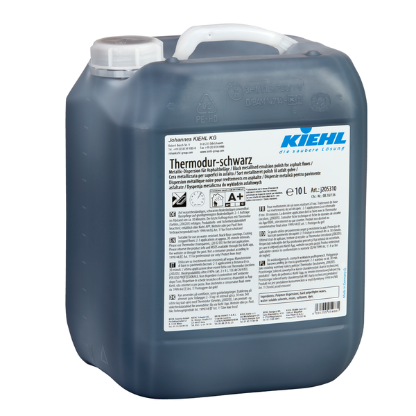 Ένα δοχείο 10 λίτρων Thermodur-schwarz Universal-Dispersion της Johannes Kiehl KG για ασφάλτινα δάπεδα, σε σκούρο πλαστικό δοχείο με λευκό καπάκι και ετικέτα με οδηγίες χρήσης και ασφάλειας.