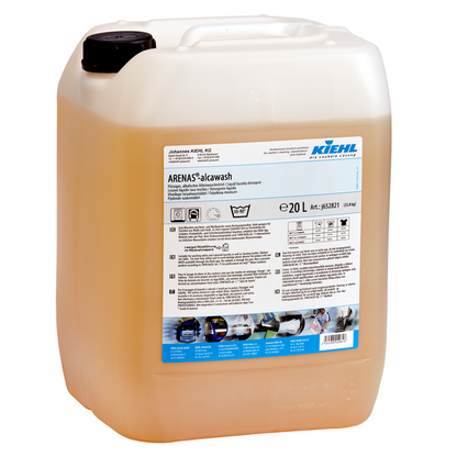 Kiehl ARENAS-alcawash Flüssiges alkalisches Alleinwaschmittel der Johannes Kiehl KG in einem 20-Liter-Behälter aus transluzentem Kunststoff mit schwarzem Schraubverschluss und einem Etikett mit Produktinformation und Anwendungshinweisen.