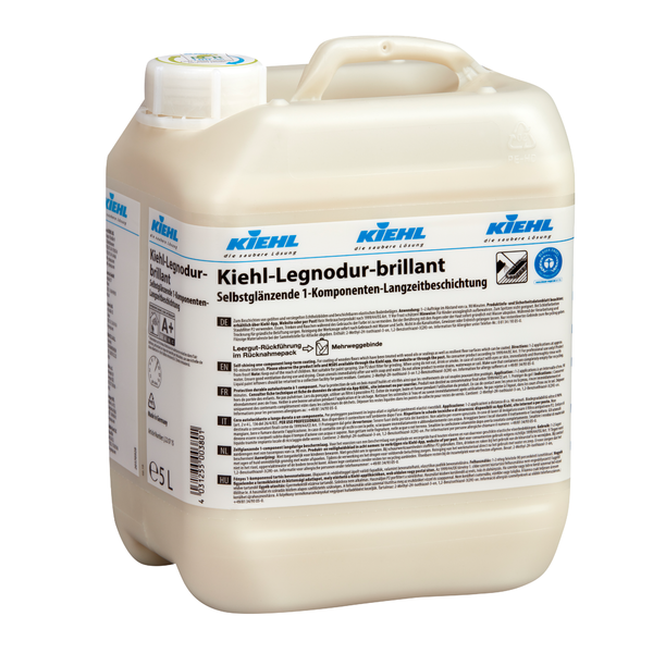 Ένα μπεζ πλαστικό δοχείο 5 λίτρων της Johannes Kiehl KG Kiehl-Legnodur-brillant Αυτογυαλιστική 1-συστατική μόνιμη επίστρωση με μπλε και μαύρη γραφή και ένα λευκό καπάκι, πωλείται ως κουτί με 2 φιάλες.
