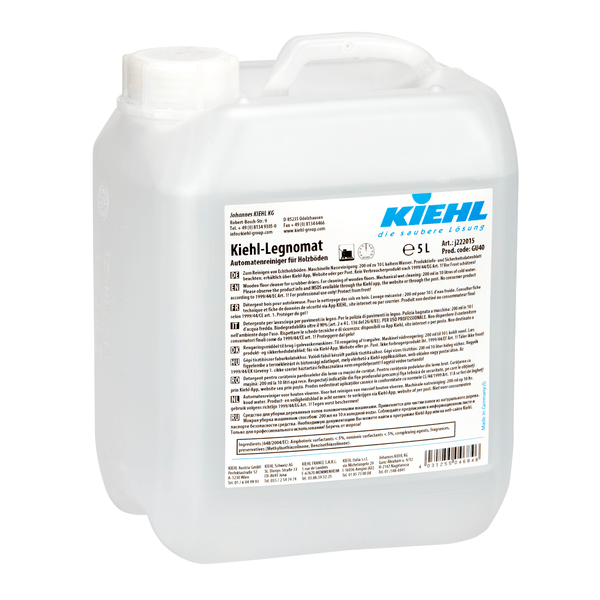 Ο αυτόματος καθαριστής Kiehl-Legnomat για ξύλινα δάπεδα (5 L, 2 φιάλες) της Johannes Kiehl KG είναι ένας διαφανής πλαστικός περιέκτης με λευκό καπάκι, με πολυγλωσσική ετικέτα και ιδανικός για τον μηχανικό καθαρισμό ξύλινων δαπέδων.