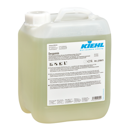 10-Liter-Kunststoffkanister Kiehl Desgomin Aldehyd- und quatfreies flüssiges Desinfektionsreiniger-Konzentrat der Johannes Kiehl KG, mit weißem Schraubverschluss, Griff, blauem Logo und vorderseitigem Produktinformationsetikett.