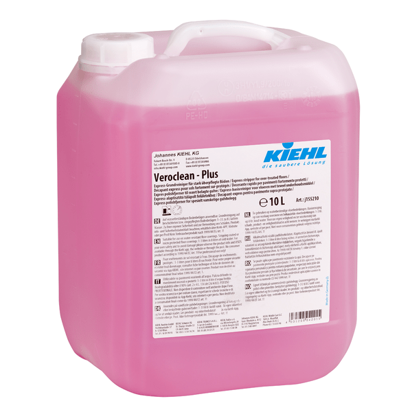 Ένα δοχείο 10 λίτρων Kiehl Veroclean-plus Express-Grundreiniger της Johannes Kiehl KG για πολύ περιποιημένα δάπεδα, με πολυγλωσσικές οδηγίες στην ετικέτα.