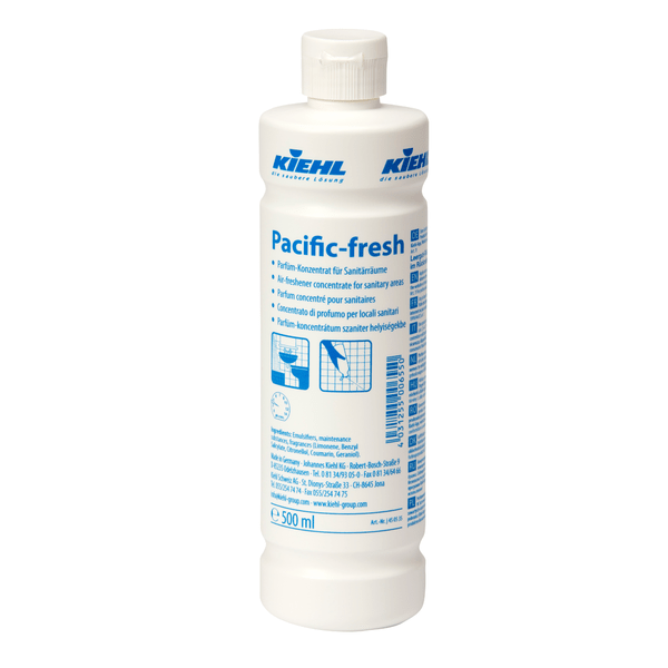 Λευκό πλαστικό μπουκάλι 500 ml Kiehl Pacific-fresh συμπύκνωμα αρώματος για χώρους υγιεινής της Johannes Kiehl KG με εξουδετέρωση οσμών, μακράς διάρκειας άρωμα, μπλε κείμενο στην ετικέτα και λευκό καπάκι. Διατίθεται σε κουτιά με 12 μπουκάλια.