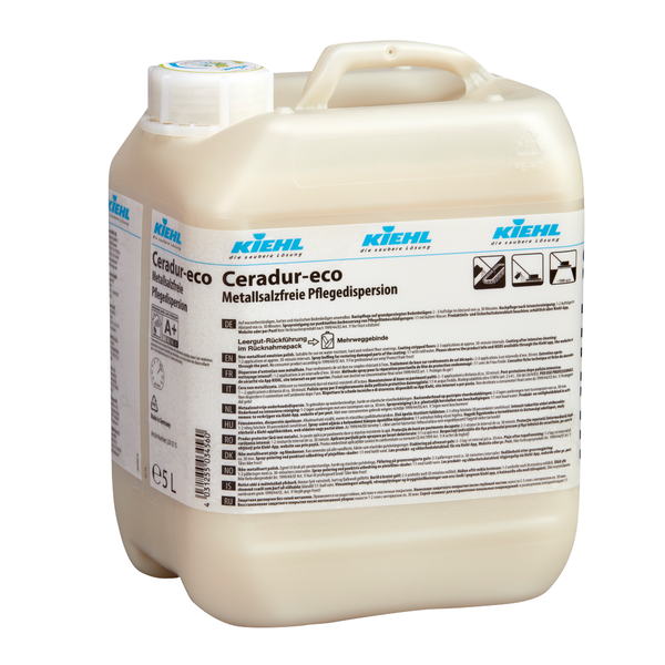 Eine 5-Liter-Flasche Kiehl Ceradur-eco metallsalzfreie Pflegedispersion der Johannes Kiehl KG, mit weißem Verschluss und detailliertem deutschem Etikett, erhältlich im Karton mit 2 Flaschen.