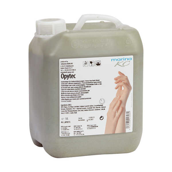 Ένα πλαστικό δοχείο 5 λίτρων του Opytec Handreinigers für Grobverschmutzungen της Johannes Kiehl KG με αντλία και ετικέτα με λεπτομέρειες προϊόντος και μάρκας καθώς και εικόνα πλυσίματος χεριών - ιδανικό για την αποτελεσματική καθαριότητα από τραχιές βρωμιές.