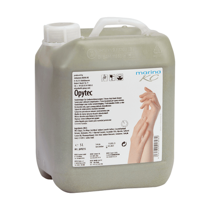 Ένα πλαστικό δοχείο 5 λίτρων του Opytec Handreinigers für Grobverschmutzungen της Johannes Kiehl KG με αντλία και ετικέτα με λεπτομέρειες προϊόντος και μάρκας καθώς και εικόνα πλυσίματος χεριών - ιδανικό για την αποτελεσματική καθαριότητα από τραχιές βρωμιές.