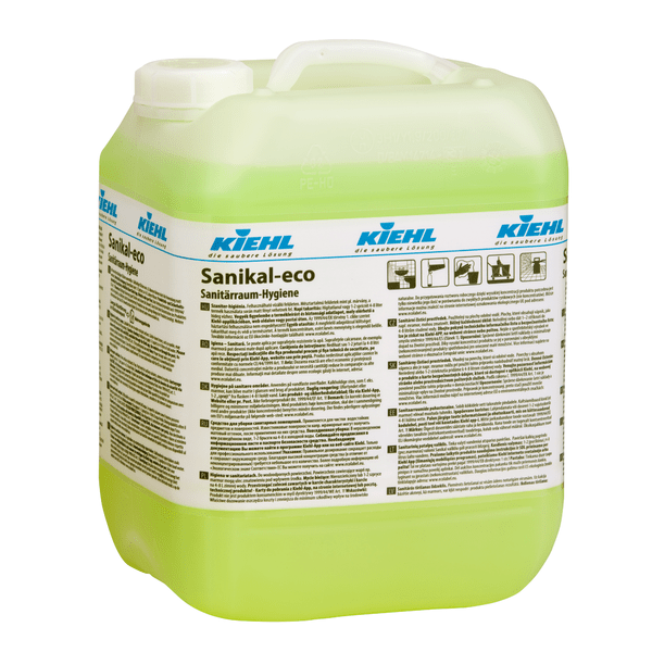 Ένα διαφανές πλαστικό δοχείο με λαβή και βιδωτό καπάκι, γεμάτο με ανοιχτό πράσινο υγρό, επισημασμένο με "Kiehl Sanikal-eco Υγιεινή Χώρου Υγιεινής" της Johannes Kiehl KG, με οδηγίες για αποτελεσματικό καθαρισμό και λεπτομερείς οδηγίες.