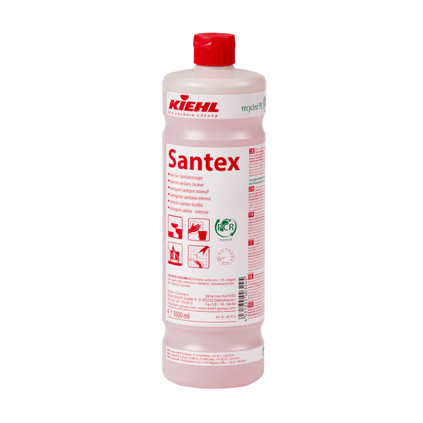 Το πλαστικό μπουκάλι των 1.000 ml του Kiehl Santex Intensiv-Sanitärreinigers της Johannes Kiehl KG έχει κόκκινο καπάκι, κόκκινη ετικέτα με οδηγίες χρήσης, εικονογράμματα και πληροφορίες προϊόντος, καθώς και ένα πράσινο σήμα ελέγχου και είναι ένα αποτελεσματικό καθαριστικό και αποσκληρυντικό για το μπάνιο.