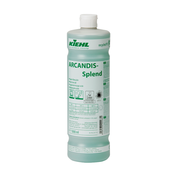 Ένα μπουκάλι 1.000 ml Kiehl ARCANDIS-Splend Saurer Klarspüler της Johannes Kiehl KG, ένα πράσινο χρωματισμένο ξέπλυμα για πλυντήρια πιάτων. Στην ετικέτα υπάρχουν πολυγλωσσικές οδηγίες, σύμβολα ασφαλείας και πληροφορίες για τη χρήση κατά των αλάτων.