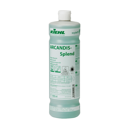 Ένα μπουκάλι 1.000 ml Kiehl ARCANDIS-Splend Saurer Klarspüler της Johannes Kiehl KG, ένα πράσινο χρωματισμένο ξέπλυμα για πλυντήρια πιάτων. Στην ετικέτα υπάρχουν πολυγλωσσικές οδηγίες, σύμβολα ασφαλείας και πληροφορίες για τη χρήση κατά των αλάτων.