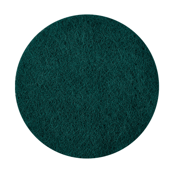 Ένα Kiehl Woodmaster-Pad-Fine Schleifpad Κόκκος 120 στρογγυλό της Johannes Kiehl KG, στρογγυλό και σκούρο πράσινο με δομημένη επιφάνεια και ομοιόμορφες άκρες, βρίσκεται σε λευκό φόντο - ιδανικό για την ακριβή επεξεργασία ξύλου.