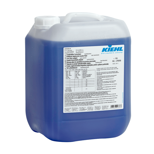 Ένα δοχείο 10 λίτρων από ημιδιαφανές πλαστικό με λευκό βιδωτό καπάκι, γεμάτο με μπλε υγρό. Στην ετικέτα αναγράφεται "Kiehl Scheibenklar Frostschutz Superkonzentrat bis -55°C" από την Johannes Kiehl KG καθώς και πληροφορίες προϊόντος και οδηγίες.
