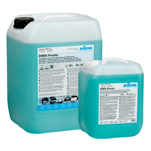 Δύο μεγάλα πλαστικά δοχεία (20L και 10L) Kiehl DIWA-Pronto Saurer Klarspüler της Johannes Kiehl KG - μπλε υγρό γυαλιστικό για επαγγελματικά πλυντήρια πιάτων, εξασφαλίζει αποτελέσματα χωρίς ραβδώσεις.
