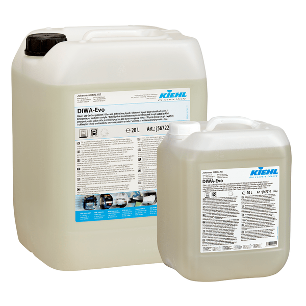 Δύο πλαστικά δοχεία (20L και 10L) του Kiehl DIWA-Evo υγρού για πλύσιμο ποτηριών και πιάτων της Johannes Kiehl KG με λευκές ετικέτες με πληροφορίες προϊόντος, λογότυπο μάρκας και οδηγίες χρήσης. Ιδανικό για πλύσιμο πιάτων και ποτηριών.