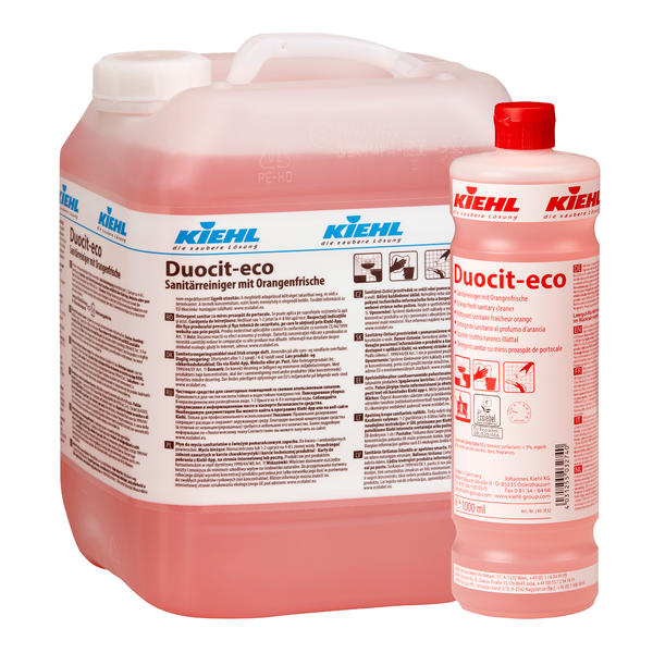 Zwei Behälter der Johannes Kiehl KG Kiehl Duocit-eco Sanitärreiniger mit Orangenfrische, ein großer und ein kleiner, sind mit roter Flüssigkeit gefüllt und haben weiße Etiketten und rote Kappen - ideal für umweltfreundliche Reinigung.