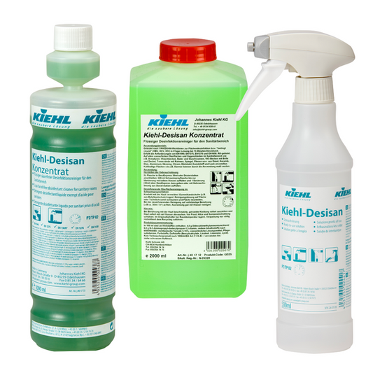 Ein 6er-Pack Johannes Kiehl KG Kiehl-Desisan 500 ml leere Trichterflaschen, jeweils mit Schaumsprüher - perfekt für die professionelle Reinigung.