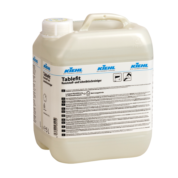 Ένα λευκό πλαστικό δοχείο 5 λίτρων του καθαριστικού επιφανειών και γραφείου Kiehl Tablefit της Johannes Kiehl KG με βιδωτό καπάκι και μεγάλη ετικέτα προϊόντος με γερμανικό κείμενο και διάφορα σύμβολα.