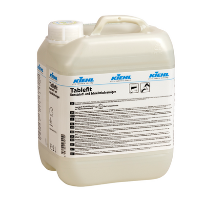 Ένα λευκό πλαστικό δοχείο 5 λίτρων του καθαριστικού επιφανειών και γραφείου Kiehl Tablefit της Johannes Kiehl KG με βιδωτό καπάκι και μεγάλη ετικέτα προϊόντος με γερμανικό κείμενο και διάφορα σύμβολα.