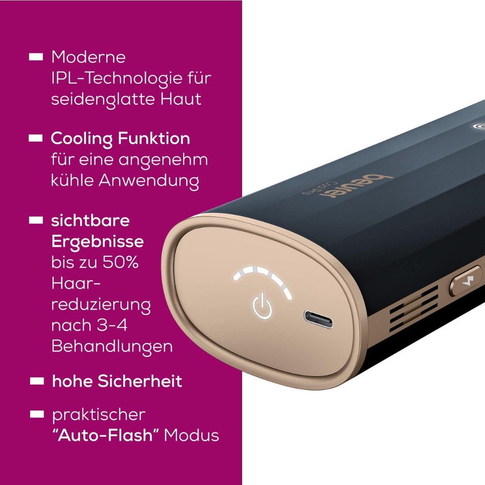Μια κοντινή λήψη της συσκευής αποτρίχωσης IPL Beurer IPL 7800 COOL PRO από την Beurer GmbH σε μαύρο και χρυσό. Η συσκευή παρουσιάζεται από μια προοπτική για να τονιστεί το κουμπί ενεργοποίησης, η λειτουργία ψύξης και η λειτουργία «Auto-Flash». Γερμανικό κείμενο γύρω από τη συσκευή περιγράφει την σύγχρονη τεχνολογία IPL φωτός και τα πλεονεκτήματά της.