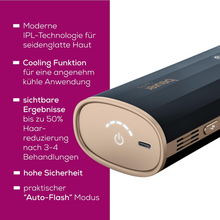 Μια κοντινή λήψη της συσκευής αποτρίχωσης IPL Beurer IPL 7800 COOL PRO από την Beurer GmbH σε μαύρο και χρυσό. Η συσκευή παρουσιάζεται από μια προοπτική για να τονιστεί το κουμπί ενεργοποίησης, η λειτουργία ψύξης και η λειτουργία «Auto-Flash». Γερμανικό κείμενο γύρω από τη συσκευή περιγράφει την σύγχρονη τεχνολογία IPL φωτός και τα πλεονεκτήματά της.