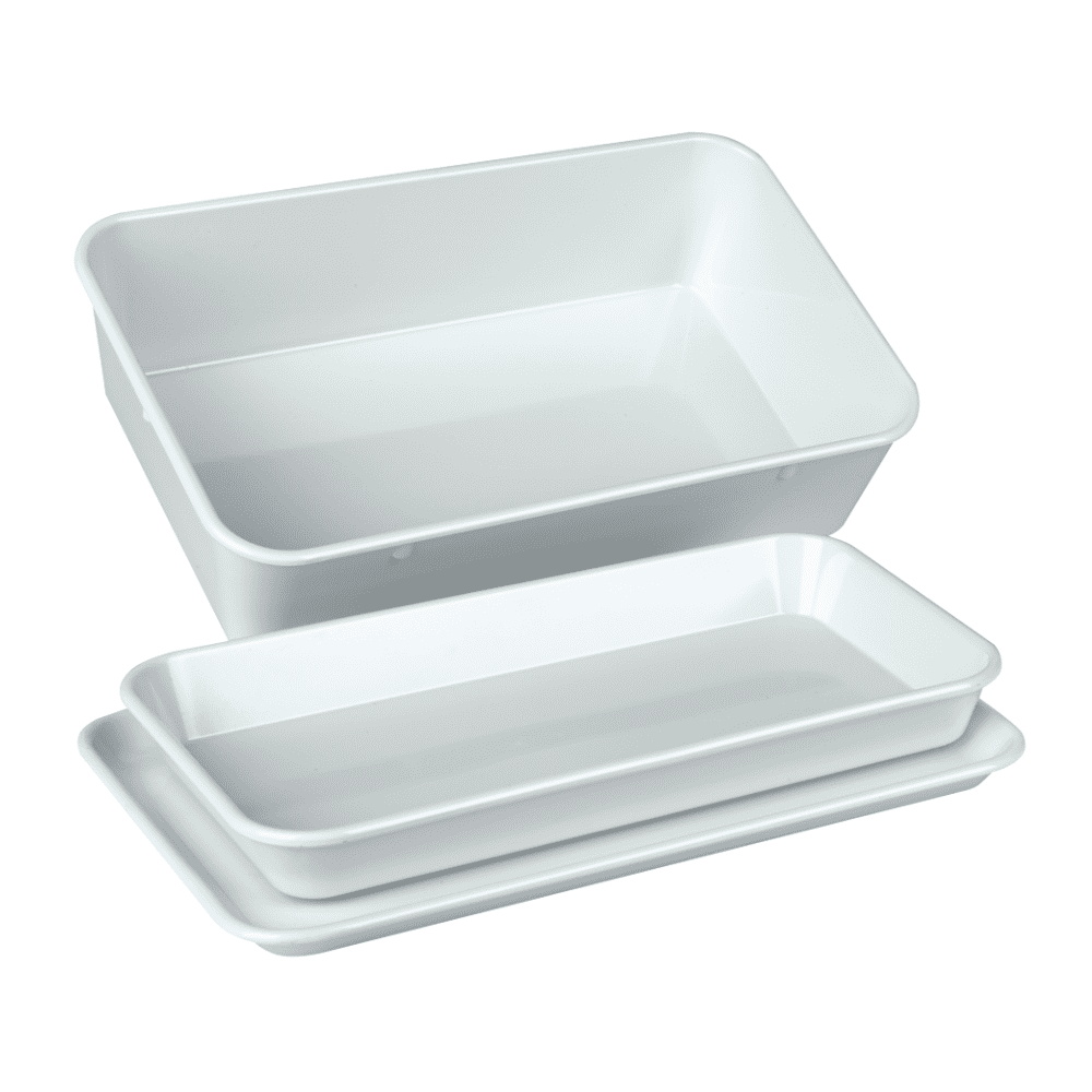 Ένα σετ από τρία λευκά ορθογώνια δισκία εργαλείων της Servoprax GmbH, στοιβαγμένα το ένα πάνω στο άλλο, που αποτελείται από ένα ανώτερο δίσκο με υψηλότερες άκρες (190 x 150 x 40 mm) και δύο πιο επίπεδους δίσκους με επίπεδη βάση. Ιδανικό για την οργάνωση των σημαντικών σας εργαλείων σε ένα κομψό, ανθεκτικό στη θερμότητα σχέδιο.