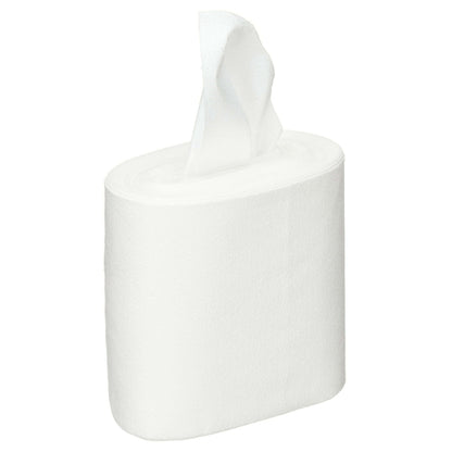 Ένας ρόλος Kimberly-Clark GmbH WypAll® Wettask™ Wischtücher - ρόλος / λευκό (6 ανταλλακτικά x 140 φύλλα) στέκεται όρθιος με ένα μερικώς τραβηγμένο φύλλο, ιδανικός για απομάκρυνση βρωμιάς και λαδιού, μπροστά από ένα απλό λευκό φόντο.