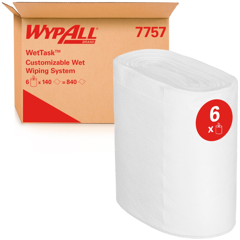 Ένας μεγάλος λευκός ρόλος WypAll® Wettask™ Wischtücher της Kimberly-Clark GmbH απεικονίζεται μπροστά από ένα κουτί με την ένδειξη "6 Refills x 140 Sheets | Κουτί (6 ρόλοι)". Στον ρόλο απεικονίζεται ένας κόκκινος αριθμός "6".