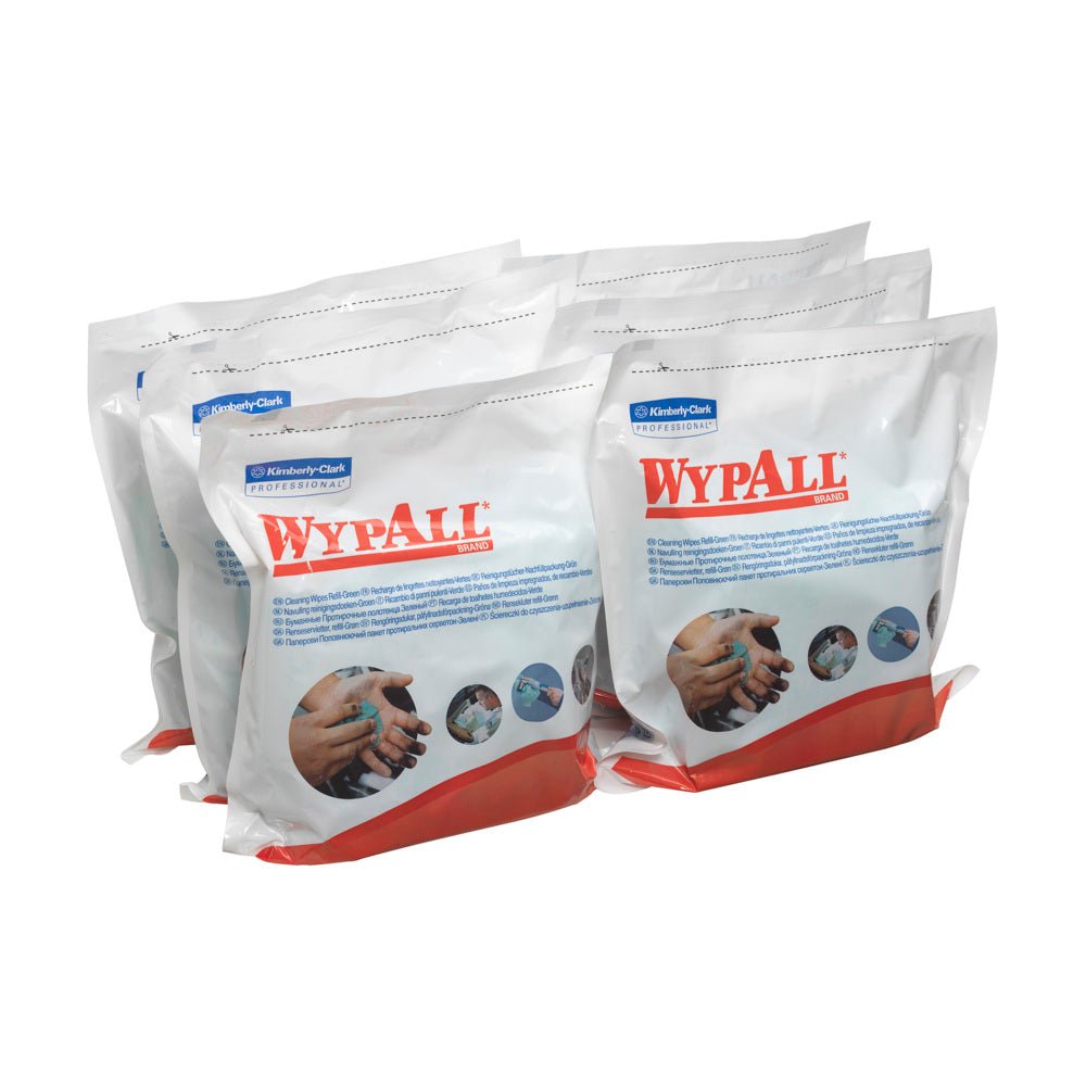 Έξι πακέτα WypAll® πανάκια - Πράσινο από την Kimberly-Clark GmbH με 75 φύλλα το καθένα, διαθέτουν εντυπωσιακή επωνυμία και πράσινες πινελιές και είναι σχεδιασμένα για βιομηχανικές εργασίες καθαρισμού.