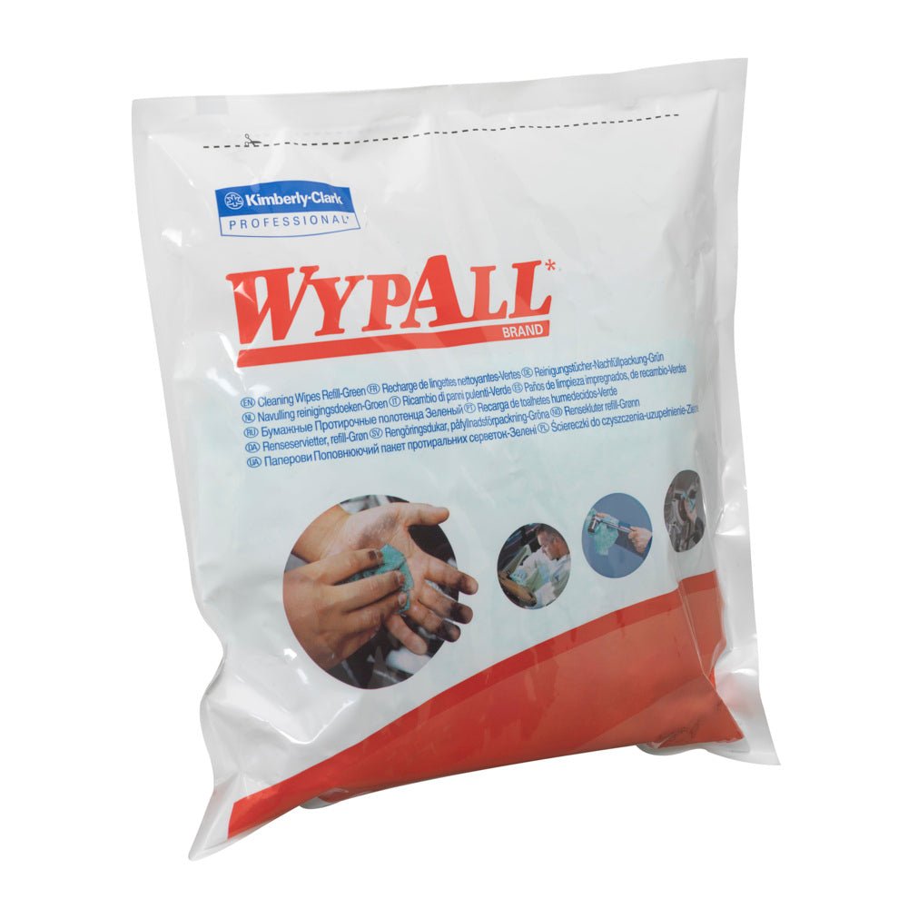 Μια σφραγισμένη συσκευασία WypAll® πανάκια - Πράσινο (6 x 75 φύλλα) από την Kimberly-Clark GmbH, με εικόνες καθαρισμού χεριών και πολυγλωσσικό κείμενο, ιδανική για βιομηχανικό καθαρισμό ή ως πράσινα πανάκια σε διάφορα περιβάλλοντα.