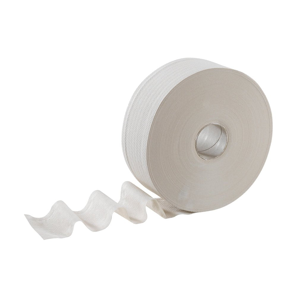 Ένα Jumbo ρολό χαρτιού υγείας Hostess™ NATURA της Kimberly-Clark GmbH (525 μ, 6 ρολά/κουτί) απεικονίζεται σε λευκό φόντο, με το φύλλο χαρτιού να είναι ξετυλιγμένο και να προεξέχει προς τα εμπρός.