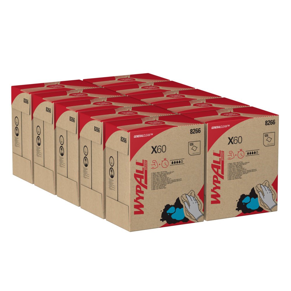 Ένα σετ από δέκα λευκά κουτιά WypAll® X60 General Clean (126 φύλλα το καθένα) της Kimberly-Clark GmbH είναι τακτοποιημένα, με κάθε κουτί να περιέχει λεπτομέρειες προϊόντος και εικονογραφήσεις.