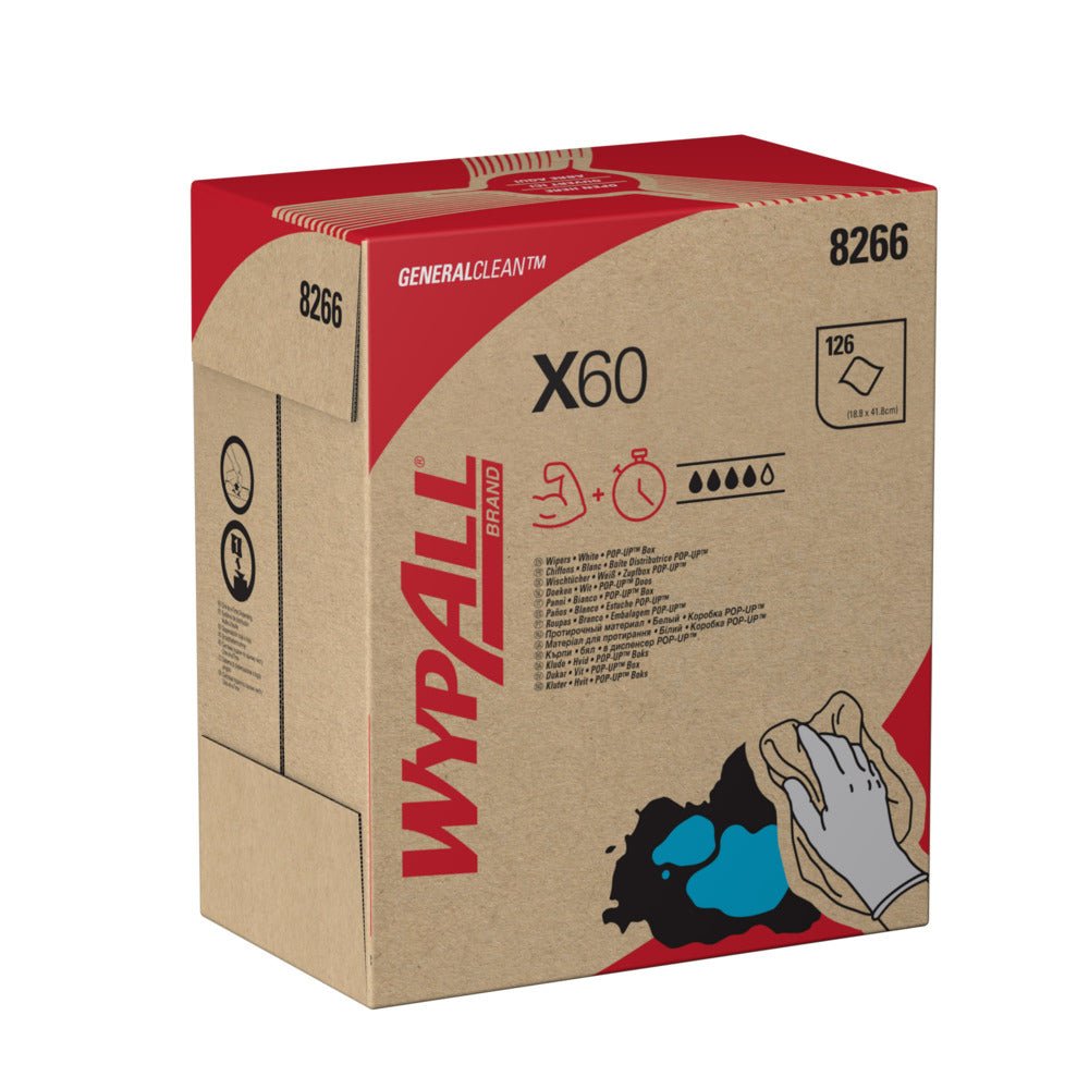 Το κουτί WypAll® X60 General Clean της Kimberly-Clark GmbH (8266) περιέχει 126 λευκά υφάσματα ανά κουτί, διαθέτει κόκκινο και μαύρο branding με ένα χέρι που καθαρίζει μια μπλε κηλίδα και είναι ιδανικό για βιομηχανικό καθαρισμό. Πωλείται ως 10 κουτιά x 126 φύλλα.