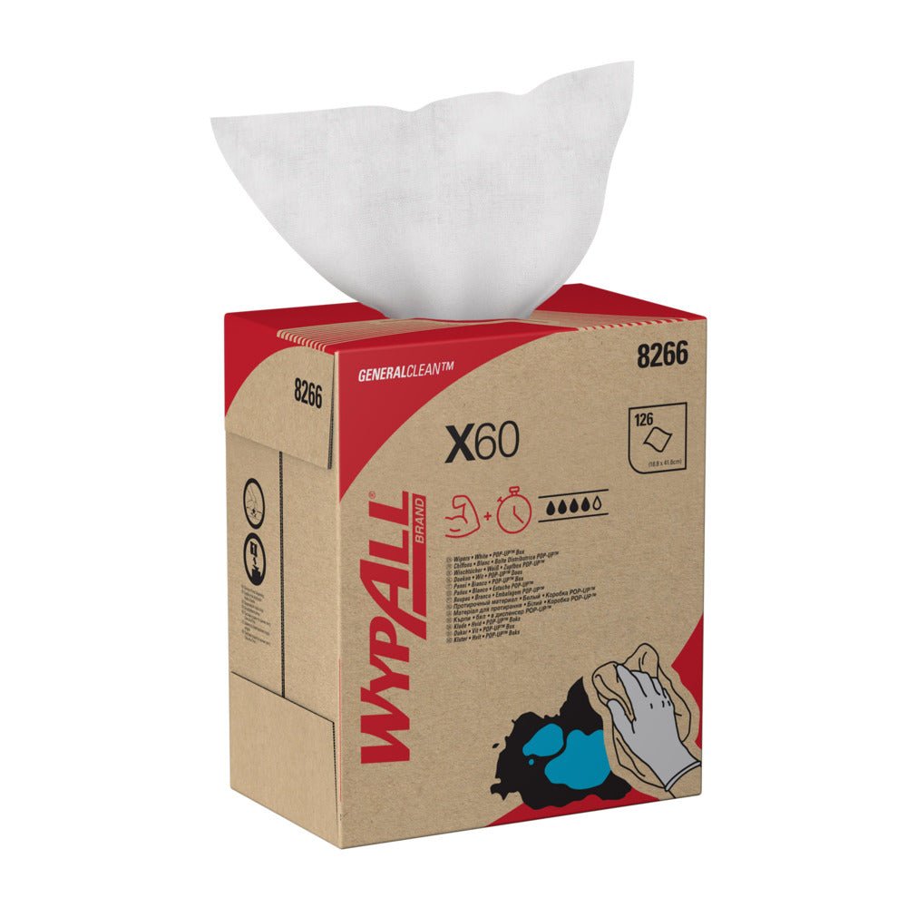 Ένα κουτί WypAll® X60 General Clean της Kimberly-Clark GmbH (10 κουτιά x 126 φύλλα, λευκό) παρέχει ένα φύλλο από πάνω. Το κουτί δείχνει το branding, τις πληροφορίες προϊόντος και τις εικονογραφήσεις για εργασίες καθαρισμού στη βιομηχανία και το εργαστήριο.