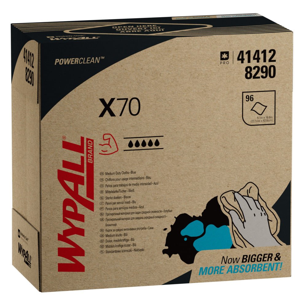 Ένα κουτί της Kimberly-Clark GmbH WypAll® X70 PowerClean Zupfbox/Μπλε (10 κουτιά x 100 φύλλα) εμφανίζει πληροφορίες προϊόντος, μια εικονογράφηση μπλε-μαύρου χεριού και το κείμενο "Now BIGGER & MORE ABSORBENT!" για επαγγελματικό καθαρισμό.