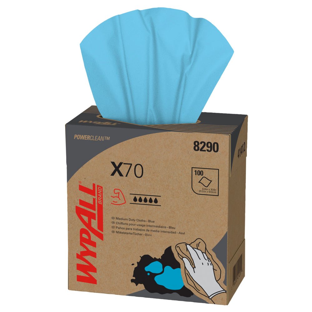 Ένα κουτί με την επιγραφή "WypAll® X70 PowerClean - Zupfbox / Μπλε" από την Kimberly-Clark GmbH παρέχει μπλε πανιά καθαρισμού, εμφανίζει πληροφορίες προϊόντος και ένα χέρι που σκουπίζει ένα χυμένο υγρό - ιδανικό για επαγγελματικό καθαρισμό. Σετ: 10 x 100 πανιά ανά κουτί.