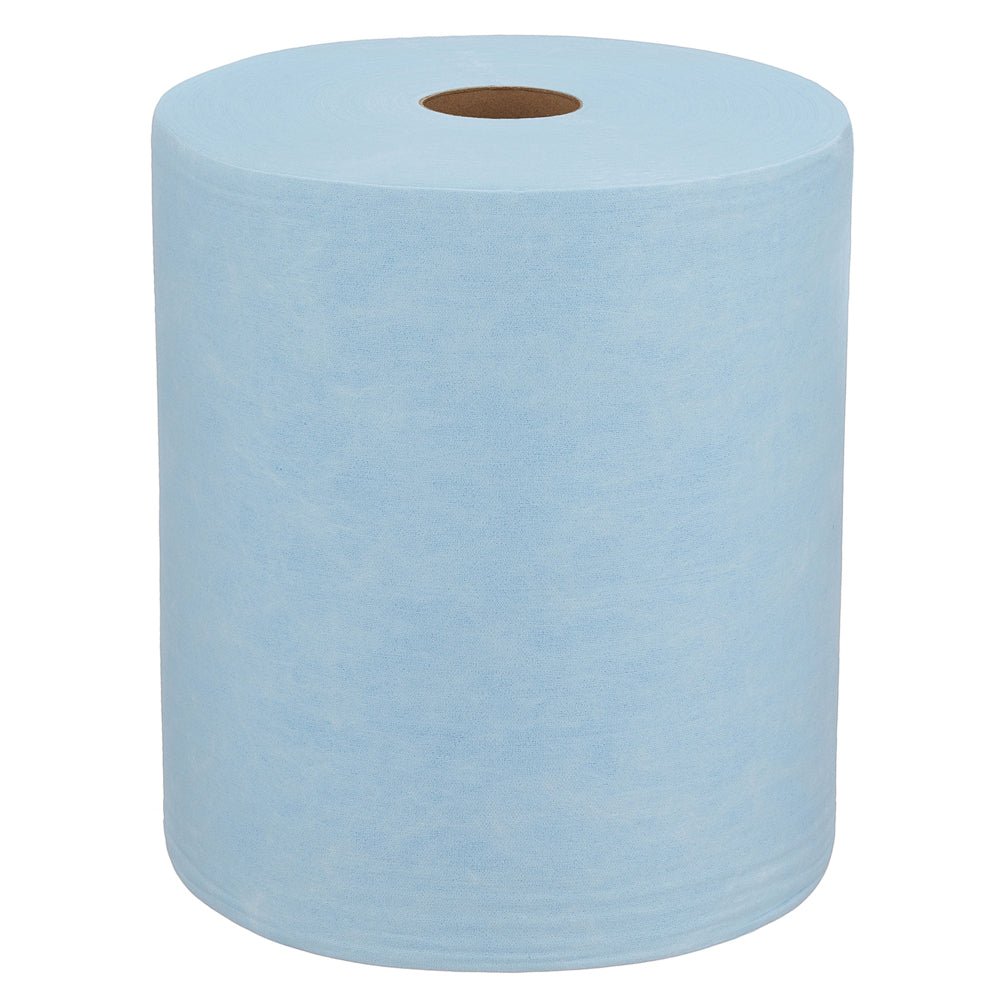 Ένα μεγάλο μπλε ρολό WypAll® X60 General Clean από την Kimberly-Clark GmbH (1 ρολό x 500 φύλλα) με καφέ πυρήνα στέκεται όρθιο σε λευκό φόντο, ιδανικό για επαγγελματικές καθαριστικές εργασίες.