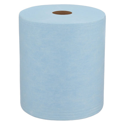 Ένα μεγάλο μπλε ρολό WypAll® X60 General Clean από την Kimberly-Clark GmbH (1 ρολό x 500 φύλλα) με καφέ πυρήνα στέκεται όρθιο σε λευκό φόντο, ιδανικό για επαγγελματικές καθαριστικές εργασίες.