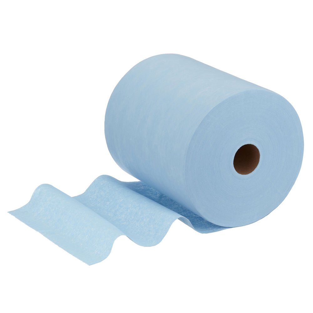Ένα μεγάλο ρολό WypAll® X60 General Clean (μπλε, 1 ρολό x 500 φύλλα) της Kimberly-Clark GmbH απεικονίζεται με μερικά ξετυλιγμένα φύλλα. Ο ορατός χαρτονένιος πυρήνας υπογραμμίζει την καταλληλότητα για επαγγελματικές καθαριστικές εργασίες.