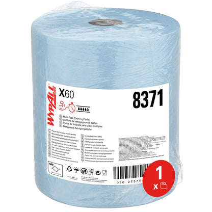 Η μεγάλη ρολό WypAll® X60 General Clean σε μπλε χρώμα από την Kimberly-Clark GmbH (1 ρολό x 500 φύλλα) είναι πλαστικοποιημένη, φέρει τον αριθμό 8371, πληροφορίες προϊόντος και εικονίδια - ιδανική για επαγγελματικό καθαρισμό; Ετικέτα με κόκκινο κύκλο "1 x".