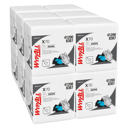 Έξι στοίβες πακέτων WypAll® X70 PowerClean καθαριστικά πανιά (διπλωμένα σε τέταρτα, λευκά, 12 σακούλες x 76 πανιά) από την Kimberly-Clark GmbH με το όνομα προϊόντος, αριθμός 412008387 και μια εικονογράφηση χεριού κατά τη χρήση.