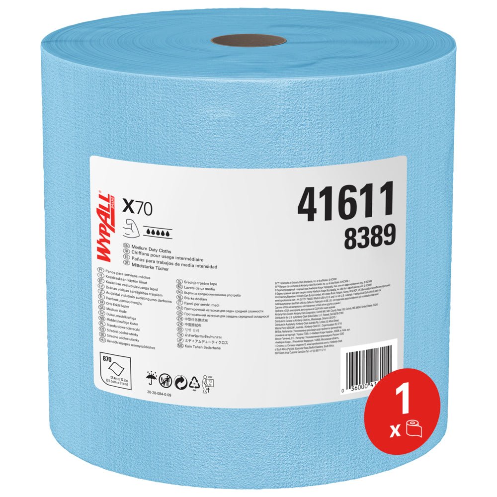 Ένα μεγάλο μπλε ρολό WypAll® X70 PowerClean της Kimberly-Clark GmbH (1 x 870 φύλλα ανά ρολό) φέρει μια λευκή ετικέτα με πληροφορίες προϊόντος, τους αριθμούς 41611 και 8389 καθώς και ένα κόκκινο σύμβολο "1 x" - ιδανικό για βιομηχανικό καθαρισμό.