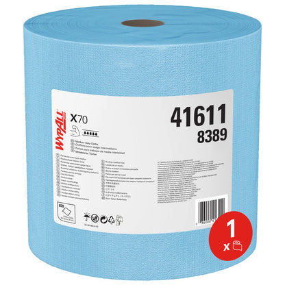 Ένα μεγάλο μπλε ρολό WypAll® X70 PowerClean της Kimberly-Clark GmbH (1 x 870 φύλλα ανά ρολό) φέρει μια λευκή ετικέτα με πληροφορίες προϊόντος, τους αριθμούς 41611 και 8389 καθώς και ένα κόκκινο σύμβολο "1 x" - ιδανικό για βιομηχανικό καθαρισμό.