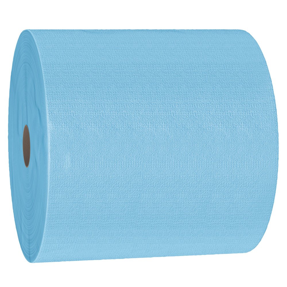 Το WypAll® X70 PowerClean μεγάλο ρολό της Kimberly-Clark είναι ορατό ως μεγάλο, μπλε, δομημένο ρολό χαρτιού με καφέ χαρτονένιο πυρήνα - ιδανικό για βιομηχανικό καθαρισμό (1 ρολό x 870 πανιά).