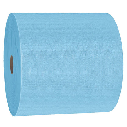 Το WypAll® X70 PowerClean μεγάλο ρολό της Kimberly-Clark είναι ορατό ως μεγάλο, μπλε, δομημένο ρολό χαρτιού με καφέ χαρτονένιο πυρήνα - ιδανικό για βιομηχανικό καθαρισμό (1 ρολό x 870 πανιά).