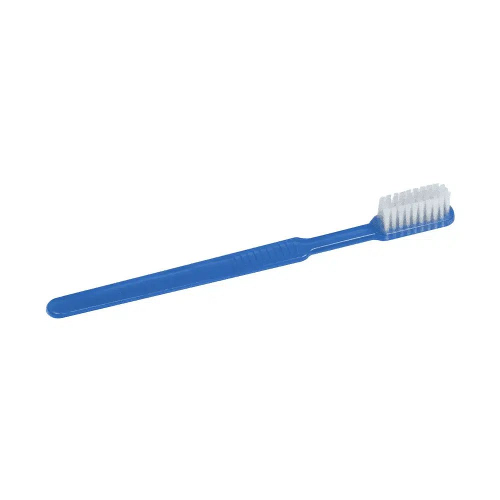 Η Med Comfort Dental PS Μίας Χρήσης Οδοντόβουρτσα της AMPri Handelsgesellschaft mbH διαθέτει ανθεκτική κατασκευή από πολυστυρένιο, μπλε, μακρύ χερούλι με ελαφριά υφή και ορθογώνιο κεφάλι με λευκές τρίχες, καθιστώντας την ιδανική για την οδοντική φροντίδα.