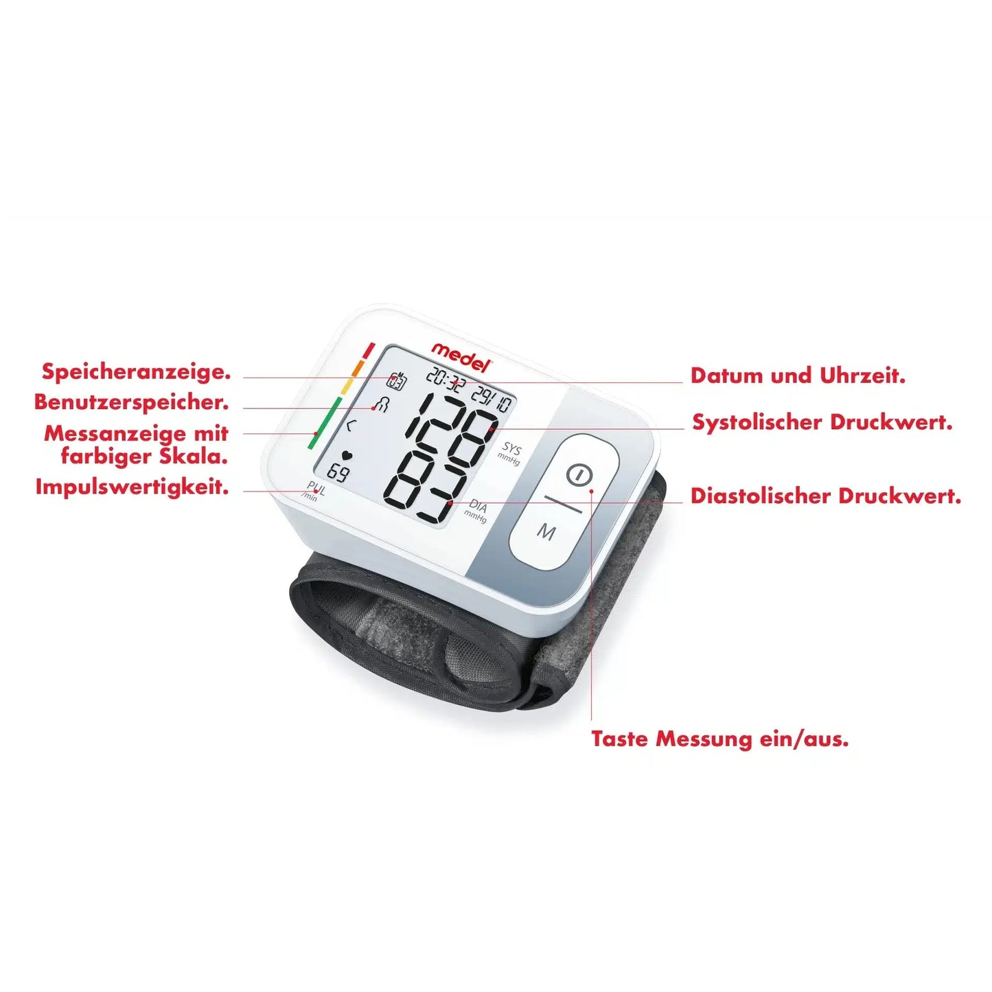 Ένα πιεσόμετρο καρπού Medel Quick από την Beurer GmbH με ετικετοποιημένες λειτουργίες συμπεριλαμβανομένης της ένδειξης μνήμης, μνήμης χρήστη, έγχρωμης κλίμακας, αποτελεσματικότητας παλμών, ημερομηνίας και ώρας, τιμών συστολικής και διαστολικής πίεσης και λειτουργίας ενεργοποίησης/απενεργοποίησης.